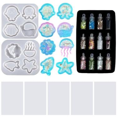 Imagem de Attuslla Conjunto de moldes para coqueteleira de resina, moldes de silicone de areia movediça com folhas de PVC, moldes de resina para pingentes, joias, chaveiros, decoração, artesanato, faça você