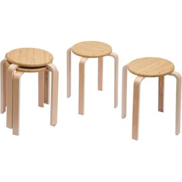 Imagem de Banco redondo de 4 peças Banco de empilhamento de madeira dobrada de 18" Banco de bar redondo de madeira maciça com tapetes antiderrapantes Assentos de jantar para café da manhã para casa, c