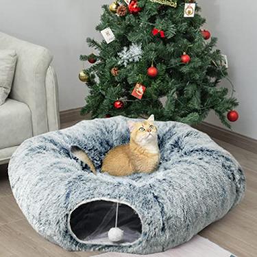 Imagem de AUOON Cama de túnel para gatos com tapete central, brinquedos de playground de tubo grande, material de pelúcia macio, formato de lua cheia para gatinhos, gatos, filhotes, coelhos, furões (cinza)
