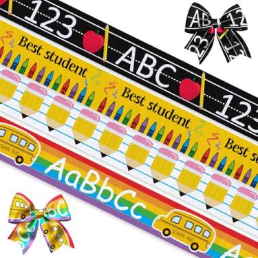 Imagem de 4 fitas de gorgorão de volta às aulas fitas de decoração escolar de 1,9 cm, 5 metros, lápis de ônibus escolar, fitas artesanais de giz de cera para decoração de festa de primeiro dia escolar,
