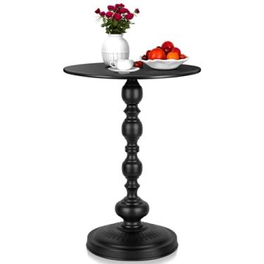 Imagem de Mesa de canto lateral redonda pequena de metal, mesa de cabeceira moderna, mesa de centro com detalhes ao ar livre, ótima para sala de estar, quarto, interior e exterior, superfície de bandeja preta
