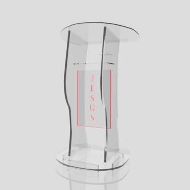 Imagem de Púlpito em Acrílico para Igreja e/ou Eventos com Gravação e Led grátis Mod. Jonas Transparente (Tradicional, Moderna ou Sem Gravação) Cores em Led. (Grav. "Jesus" Tradicional, LED VERMELHO)