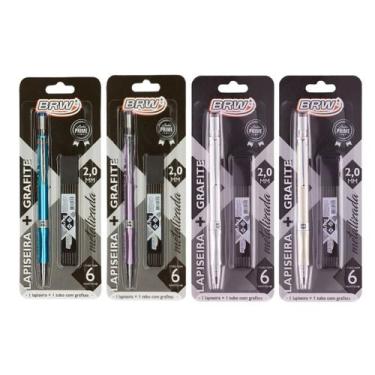 Imagem de Kit 04 Lapiseira 2.0mm Metalizada + Tubo Grafite HB 6 Un. Azul/Prata/D