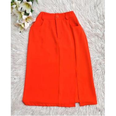 Imagem de MODAS DOMI Saia Midi Alfaiataria Com Fenda Lateral 0125, Laranja, P
