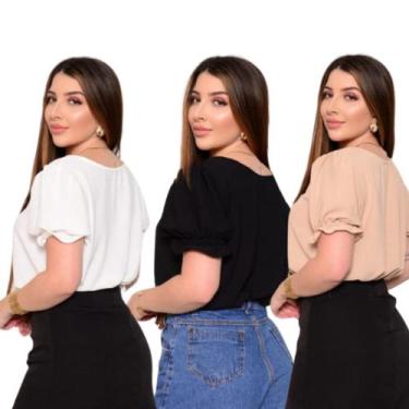 Imagem de Kit 3 Blusas Feminina Manga Curta Camiseta Básica Social - Anneguerra,