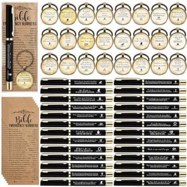 Imagem de Feifeiya 75 peças de presentes de igreja cristã, 25 canetas de versículo bíblico, 25 chaveiros religiosos e 25 marcadores de livro com números de emergência, presentes de estudo da Bíblia para