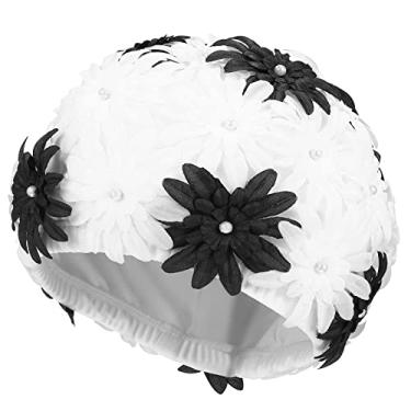 Imagem de Touca de natação para adultos, chapéu de natação floral, pétala floral, estilo retrô, touca de banho de verão, chapéu de natação feminino retrô para cabelo curto, preto e branco, touca de natação para