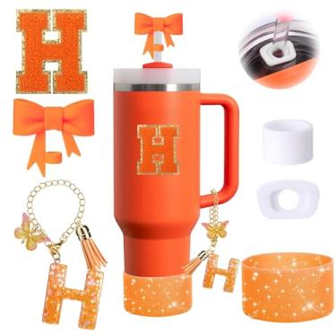 Imagem de Conjunto de 6 peças de acessórios de copo Stanley laranja adequado para Stanley Cup 850.5 g 1,134 g, incluindo tampa à prova de derramamento, bota de silicone brilhante, topo de palha em forma de