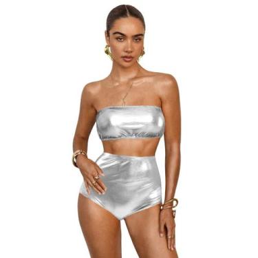Imagem de Conjunto Feminino Hot Pants Metalizado Carnaval  Moderno Top Fantasia 