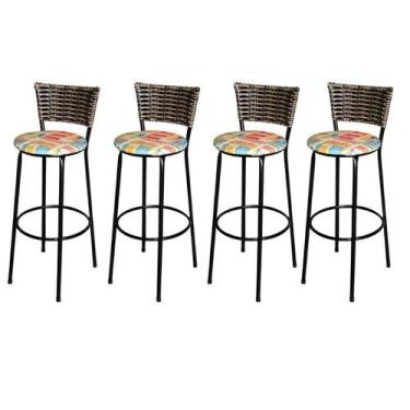 Imagem de Jogo 4 Banqueta Alta Para Cozinha Ratan Cappuccino Preta Estofado Cerv