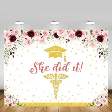 Imagem de MEHOFOND 2,4 x 1,8 m Enfermeira Graduação Congratulations Graduates Rose Gold Congrats Grads She Did It Banner Glitter Gold Spots Floral Background Photo Booth Adereços