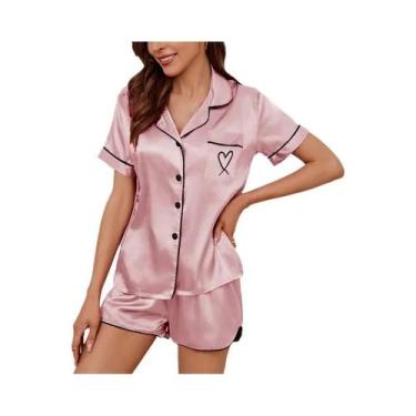 Imagem de Pijamas Femininos Bordados com Coração - Conjunto Manga Curta e Shorts