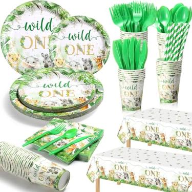 Imagem de Zhehao 227 peças de decorações de aniversário selvagens de animais selvagens suprimentos de safári com toalhas de mesa descartáveis, pratos, guardanapos, canudos, facas, garfos, servir para chá de