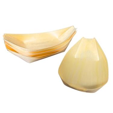 Imagem de THY COLLECTIBLES Pacote de pratos descartáveis de madeira para barcos – Bandejas de servir sushi e aperitivos, recipientes de comida em forma de folha para catering, festas, casamentos e piqueniques