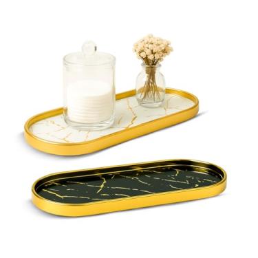 Imagem de Bandeja Oval Decorativa Marmorizada 30 cm, Dourada com Acabamento Espelhado (BRANCO)