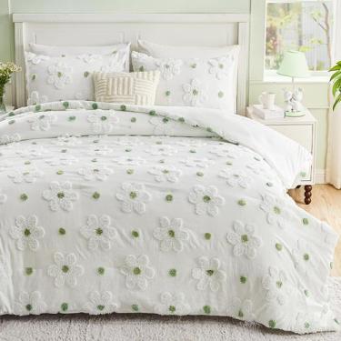 Imagem de Conjunto de edredom VIVILINEN Twin Green Floral com margaridas tufadas