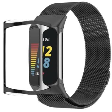 Imagem de QIEMUTER Pulseiras com capa compatível com Fitbit Charge 6/5, pulseira trançada ajustável de metal com fecho magnético, capa protetora de TPU (preta)