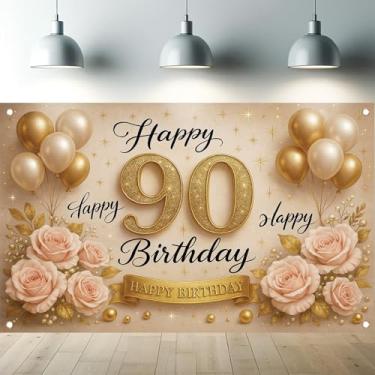 Imagem de Starlit Patio Pano de fundo Happy 90th Birthday Bnner Gold Glitter Floral Balloon Decoration Rose Photography Background for 90 Years Old Birthday Party Celebration Background Studio Props 180 x 109