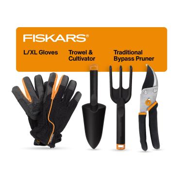 Imagem de Fiskars Conjunto de ferramentas para iniciantes de plantas domésticas com conjunto com podador, espátula, cultivador e luvas de jardim G/GG para jardinagem interna (kit de 4 peças)