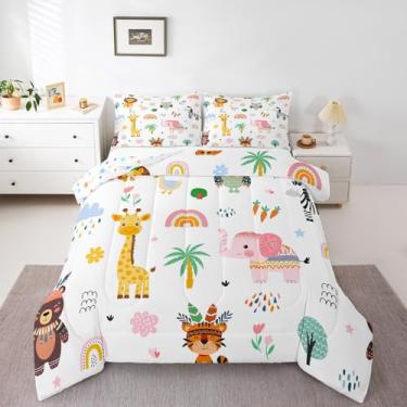 Imagem de Erosebridal Conjunto de cama casal de animais de zoológico, desenho animado, fofo, edredom floral arco-íris, girafa, elefante, zebra, decoração de quarto, 2 fronhas respiráveis
