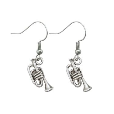 Imagem de Brincos de trompete, joias de trompete de prata, brincos de música, brincos de instrumento musical, presente para mulheres, joias musicais, brincos de pingente de trompete, .5 inch, Metal, Sem pedra