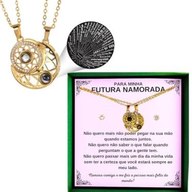 Imagem de Colar Presente Pedido Namoro Futura Namorada Conjunto Pingente Brincos Anel Retângulo Vermelho + Linda Dedicatória (DOURADO SOL LUA EU TE AMO 100 IDIOMAS)