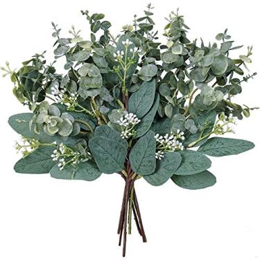 Imagem de Folhas de eucalipto misturadas de folhas de eucalipto artificiais em massa, sprays de folhas de eucalipto ovais falsas com hastes de sementes brancas para guirlandas florais, arranjos de buquês, decoração de verduras de casamento