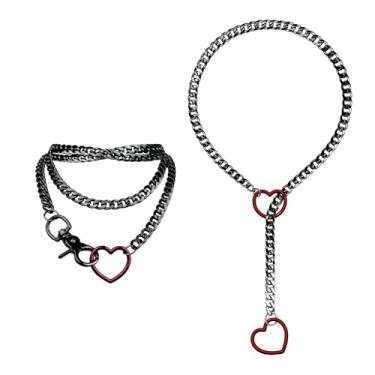 Imagem de Rofusn Colar de corrente deslizante de coração: 2 peças punk aço inoxidável coração vermelho ajustável colar em Y gargantilha colar de corrente cubana para mulheres joias modernas