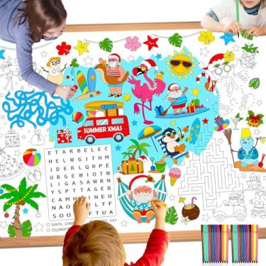 Imagem de HOWAF Pôster de colorir de Natal de verão com 24 canetas de tinta, faixa de papel jumbo de Natal tropical para colorir lembrancinhas de festa de Papai Noel, toalha de mesa para colorir flamingo