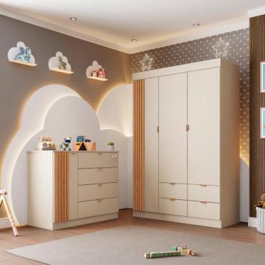 Imagem de Conjunto Infantil Guarda Roupa 3 Portas e Cômoda Liz 100% MDF Off Whit