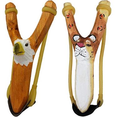 Imagem de NatureLaunchers - Conjunto de estilingue de animais de madeira esculpida à mão - Pacote com 2 - Guepardo e águia