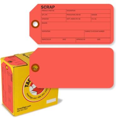 Imagem de SmartSign Pacote com 100 etiquetas vermelhas fluorescentes "sucatas" na caixa, 7,6 cm x 15,9 cm, etiquetas de cartão 13pt, dupla face, furo pré-perfurado com patch de fibra, para controle de produção