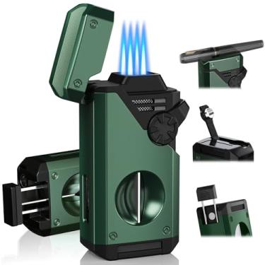 Imagem de Isqueiro tudo-em-um, cortador, perfurador, suporte, realçador de tração dupla, chama de jato à prova de vento quádrupla (sem gás butano) (verde e preto)