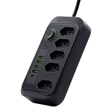 Imagem de Filtro de Linha Extensão Tomada 2 Metros Régua Energia Elétrica 5 Tomadas 4 USB 1 USB-C 110-220V Potência 2500W 10A (PRETO)