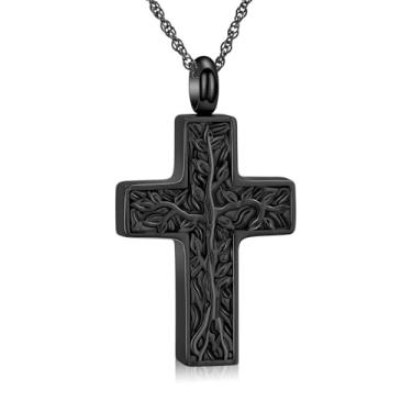 Imagem de shajwo Colar de urna de cremação com cruz árvore da vida para cinzas para mulheres e homens, pingente de cinzas humanas, Aço inoxidável, Sem Pedra Preciosa