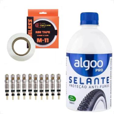 Imagem de Kit Tubeless Bike Bicicleta Selante Veda Furo 500ml Algoo + Fita Aro + 10 Nucleo válvula presta