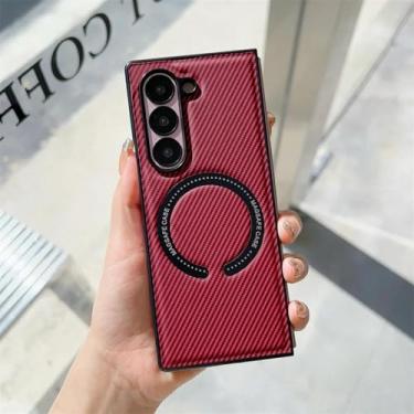 Imagem de Capa de couro em fibra de carbono com carregamento magnético sem fio para Samsung Galaxy Z Fold6 (para Samsung Galaxy Z Fold6/vermelho)