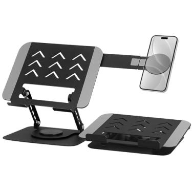 Imagem de Suporte de laptop com suporte magnético de telefone para mesa, suporte ergonômico ajustável para laptop com suporte de telefone e rotação de 360°, suporte portátil dobrável para laptops de 10 a 17