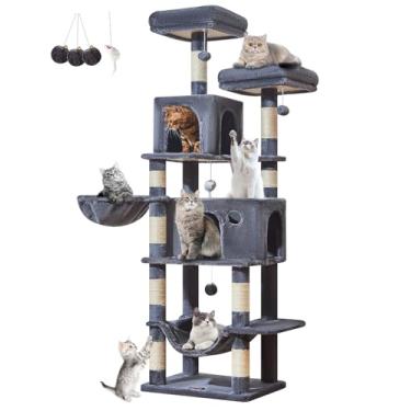 Imagem de Taoqimiao Árvore para gatos grande, torre de árvore para gatos de 183 cm com 9 postes de arranhar para gatos internos, 2 condomínios grandes para gatos com rede, cesta suspensa, 2 plataformas