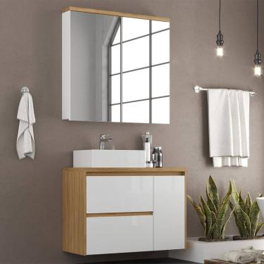 Imagem de Gabinete de Banheiro 90cm com Cuba e Espelheira Itapuã/Branco