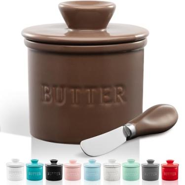 Imagem de Zulay Kitchen Panela de manteiga com tampa e espátula para bancada - suporte de manteiga francesa de cerâmica para manteiga fresca e espalhável - café