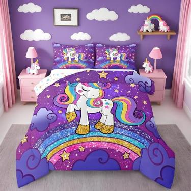 Imagem de Feelyou Conjunto de cama de unicórnio para crianças, meninas, solteiro, fofo, unicórnio, estampa de estrela, unicórnio, glitter, conjunto de edredom para decoração de quarto