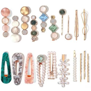 Imagem de Mehayi 20 peças de pérolas e grampos de cabelo de resina acrílica, presilhas de cabelo feitas à mão, grampos de cabelo jacaré de mármore, grampo de cabelo geométrico de cristal brilhante, acessórios de cabelo dourados elegantes, presentes para mulheres e meninas