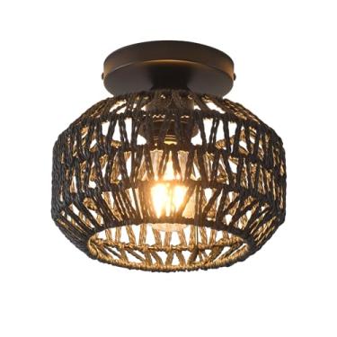 Imagem de IHENGYANLT 1 pacote de luminárias de fazenda para montagem de teto, mini rattan preto Boho semi embutida luminária de teto, luminárias de corredor tecidas à mão para entrada do quarto
