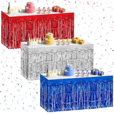 Imagem de Pacote com 3 saias de mesa vermelhas, azul escuro, prata, 73,7 x 274,3 cm, folha metálica, franja, para mesas retangulares, cortinas de flâmula, pano de fundo, decorações de festa para aniversários