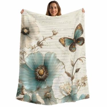 Imagem de Cobertor de tulipa floral azul-petróleo, flores botânicas vintage, cobertores macios macios para sofá-cama, viagens, cobertores de flanela listrados de microfibra de pelúcia borboleta, cobertores