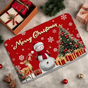Imagem de MSAYNFG Tapete de banho de boneco de neve de Natal vermelho árvores de Natal veado inverno floco de neve feliz ano novo banheiro banheira tapetes de área de chão capacho decoração de vaso sanitário