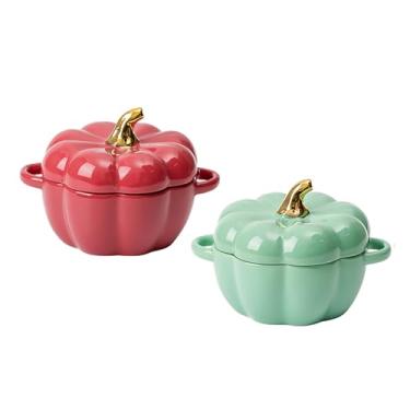 Imagem de Conjunto de tigela de abóbora com tampa e alça, conjunto de 2 ramequins de cerâmica para assar, panela de corte individual, grés, seguro para forno, 400 ml (vermelho e verde)