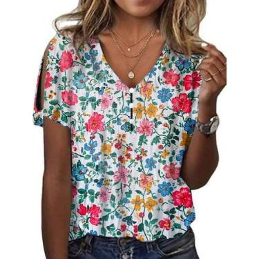Imagem de Blusa feminina HOTYD com estampa floral boho com decote em V e manga c