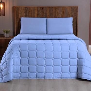 Imagem de Kit Cobre Leito Colcha Minimal Casal 3 Peças Malha 100% Algodão - Azul Claro
